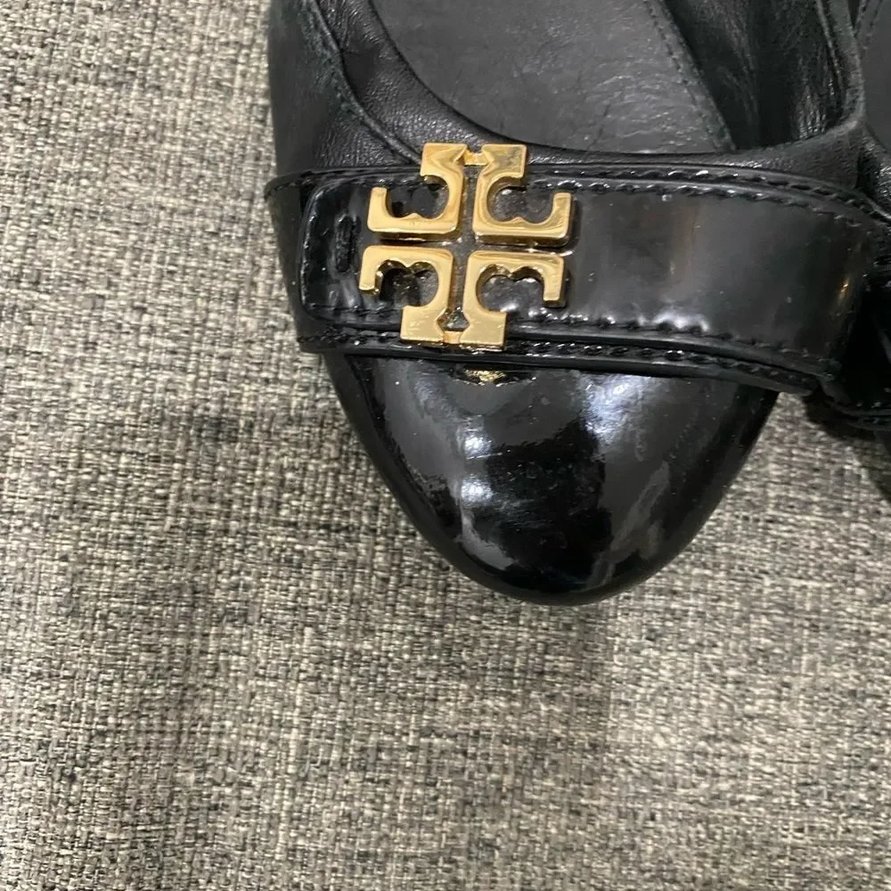 Tory Burch Eloise Black Leather Logo Ballet Flats Women Size 7